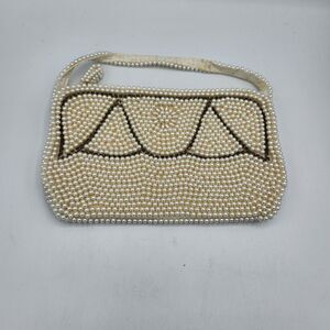 Vintage Hand Pearl Beaded White Clutch‎ Purse Evening Purse Made In Japan